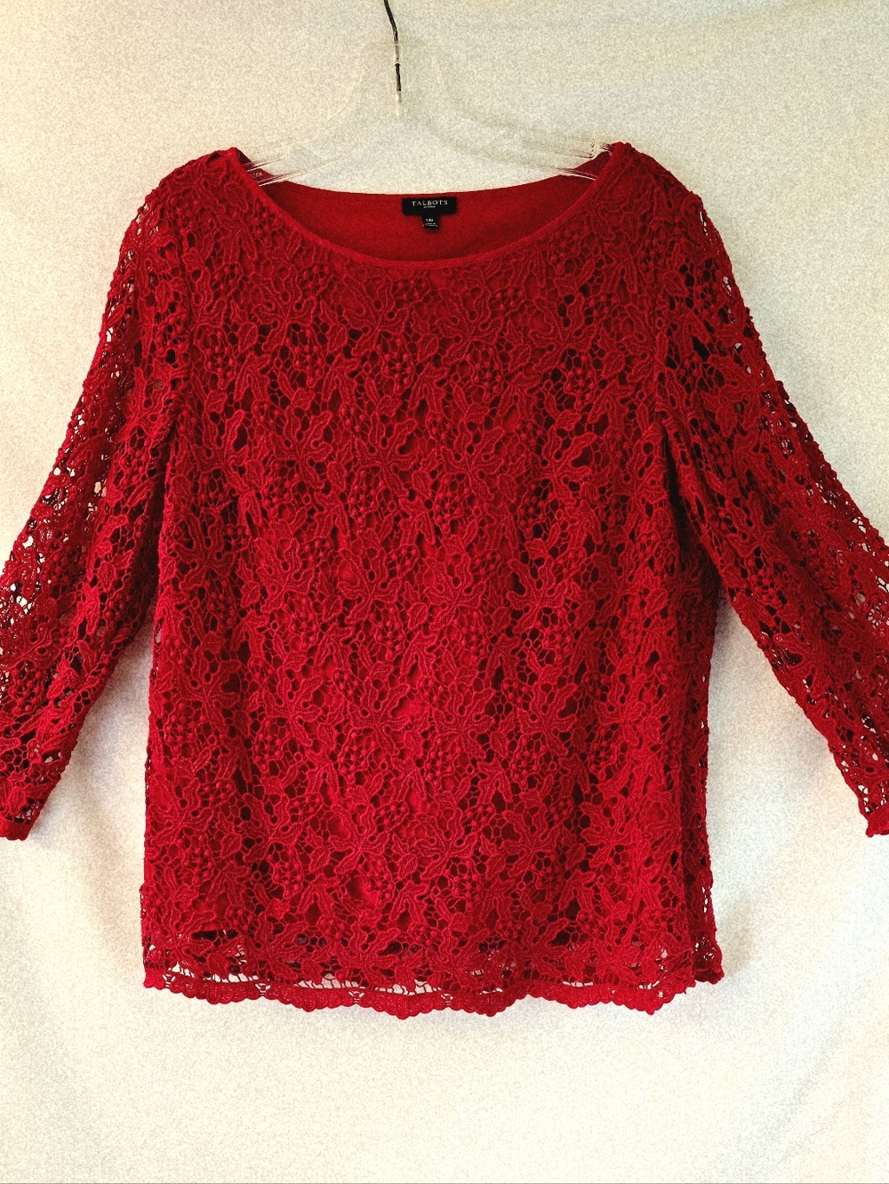 Talbots Sz 14P Cotton Lace Eyelet Blouse Red Lined Hidden Side Zipper Blouse Top